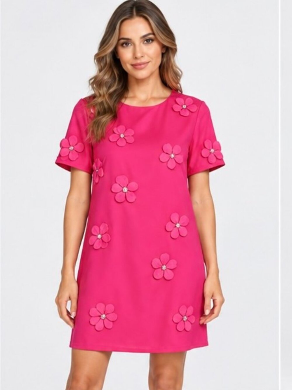 Aveloria XL Hot Pink Floral Applique Shift Dress Jeweled Flowers